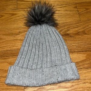 J. Crew Gray Ribbed Beanie Hat with Faux Fir Pom